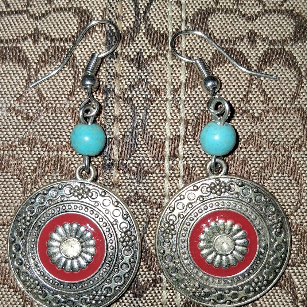 Bohemian Silver and Red Dangle Earrings with Turquoise Accents